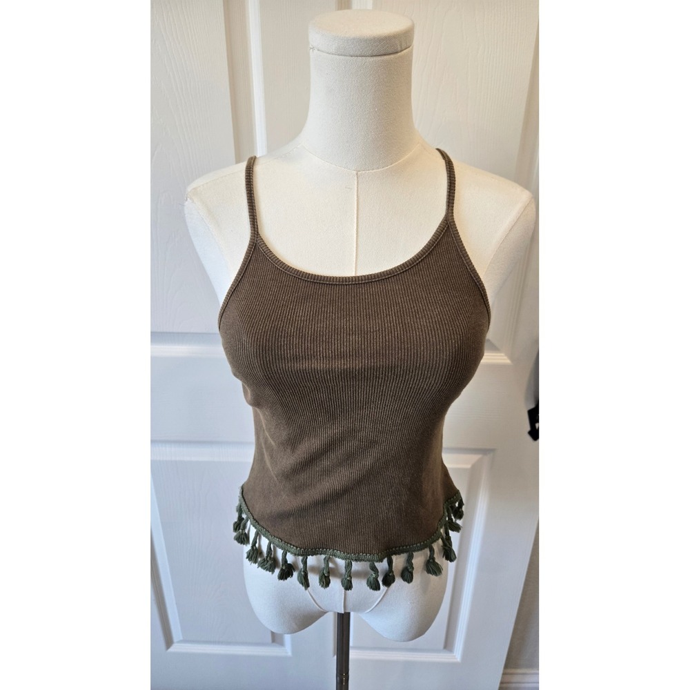 POL Olive Green Ribbed Knit Tassel Fringe Cami Tank Top JFT47 Small‎ NWT